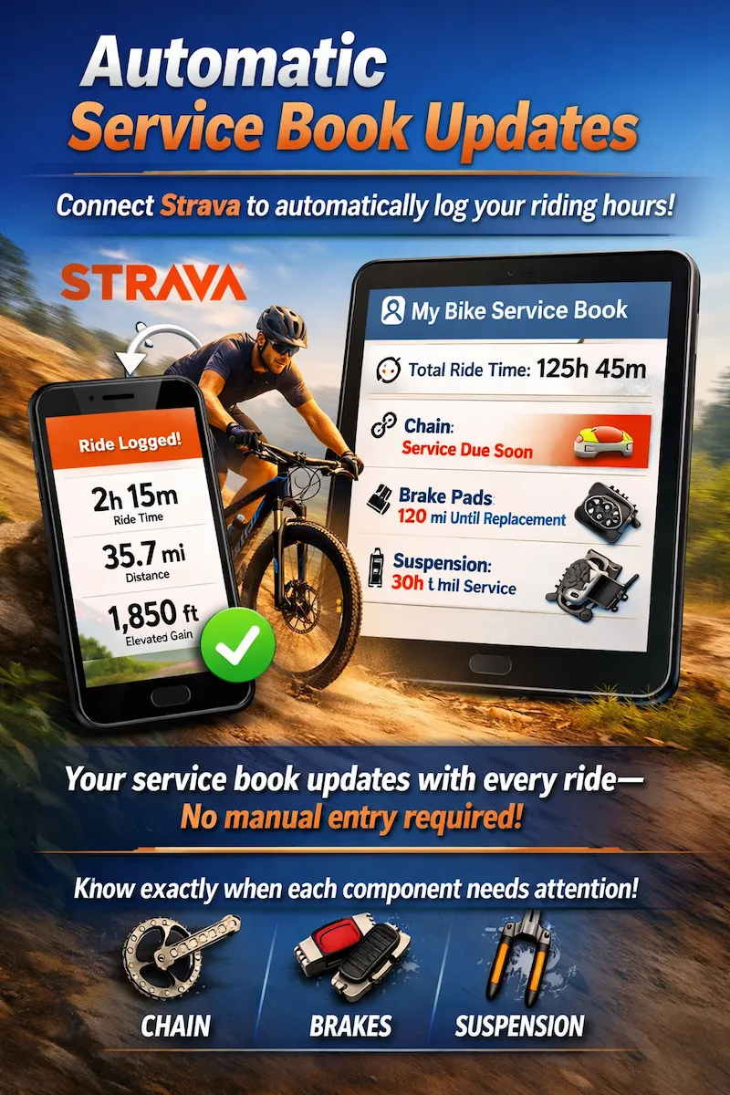 Automatic Service Book Updates — Strava integration showing ride data syncing